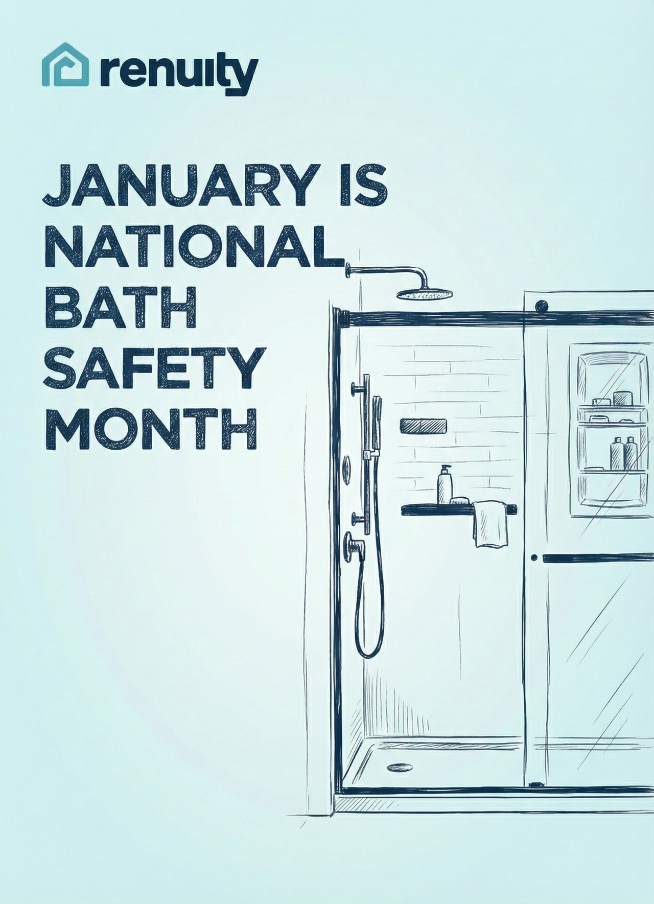 National Bath Safety Month walk-in shower sketch