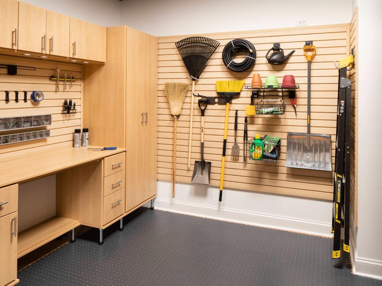 storage cabinets and wooden slatwall