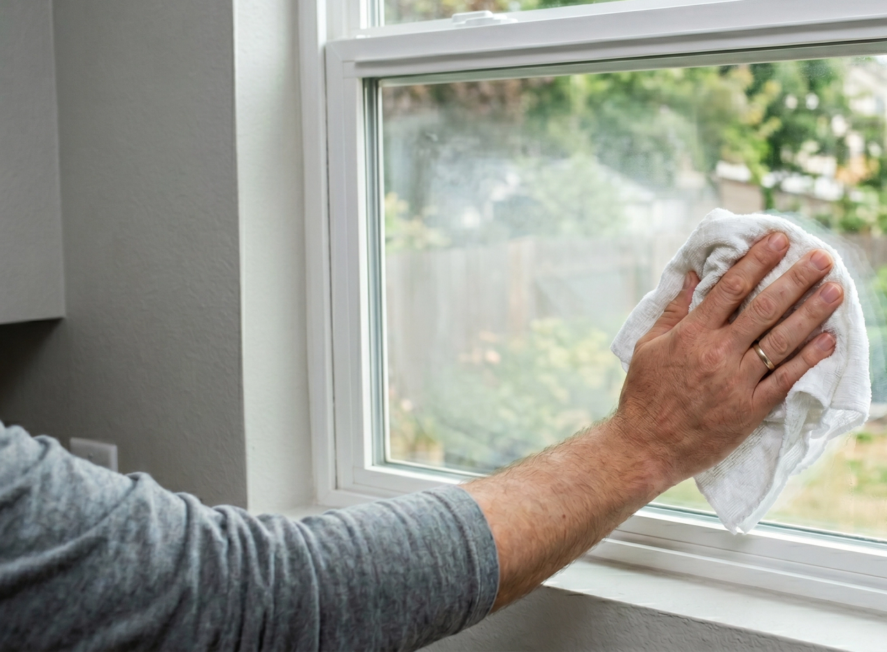 hand wiping a hazy window