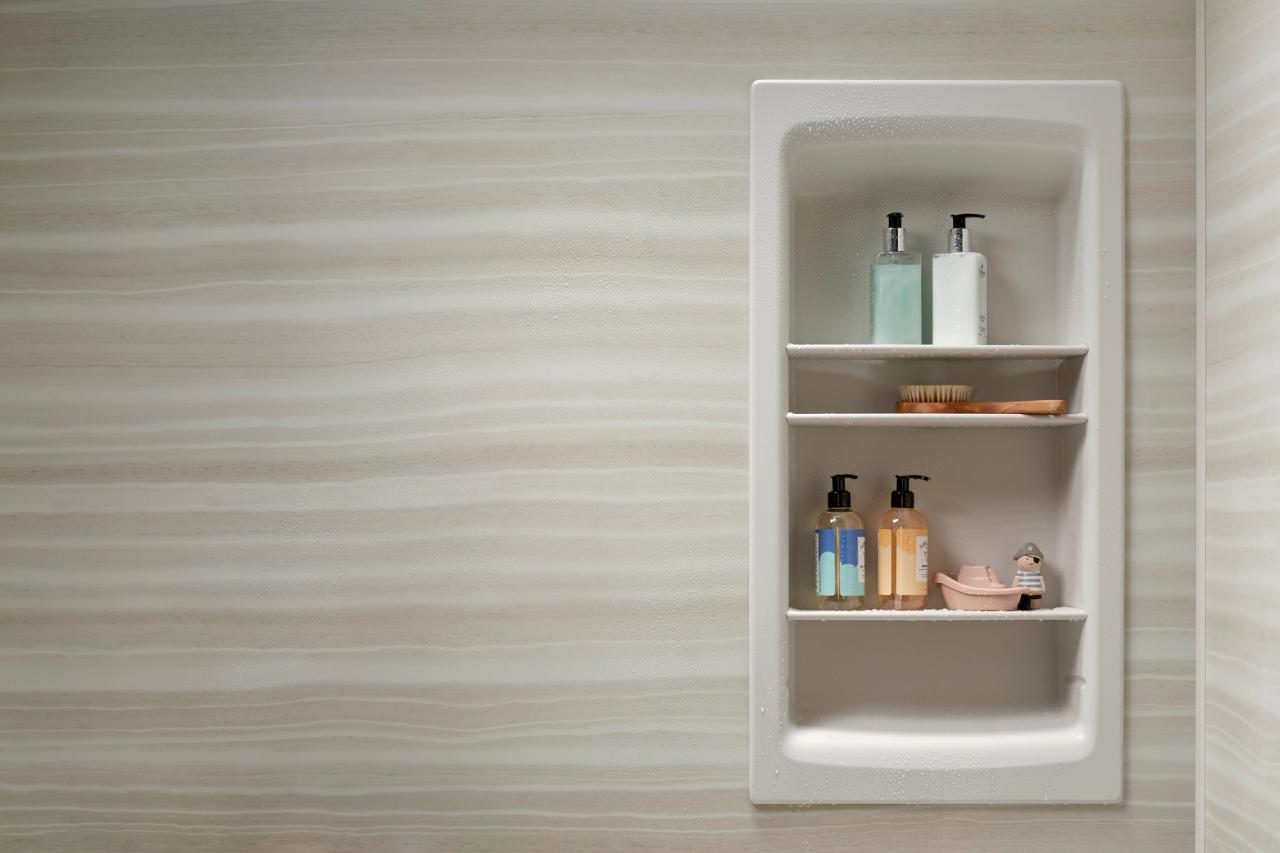 KOHLER LuxStone wall panels with recessed shelving