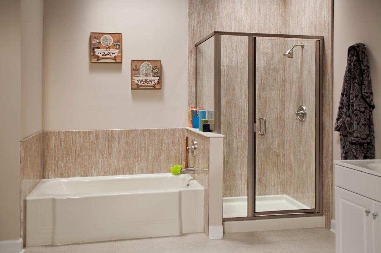 Tub next to a shower