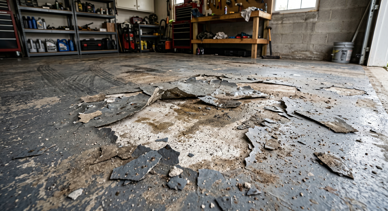 Peeling and delaminating epoxy garage floor coating exposing bare concrete beneath