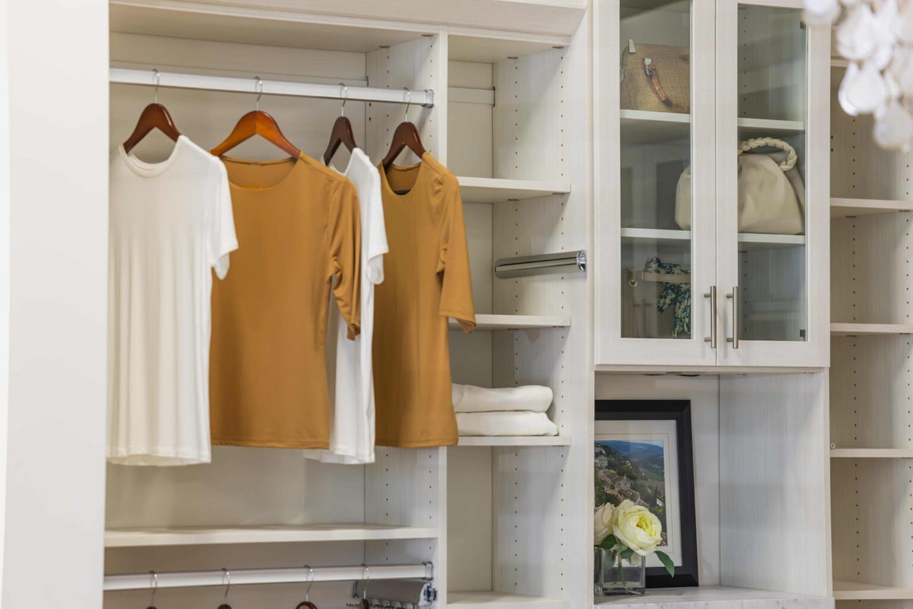 complex walk-in closet layout with shelving