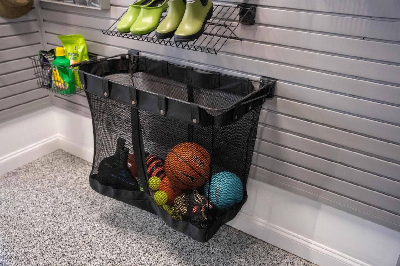 sports equipment in a wall basket