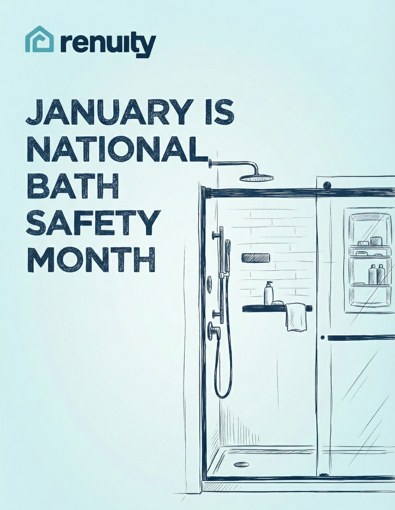 National Bath Safety Month walk-in shower sketch