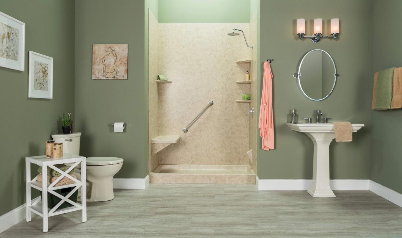 Sand colored walk-in shower in a green bathroom