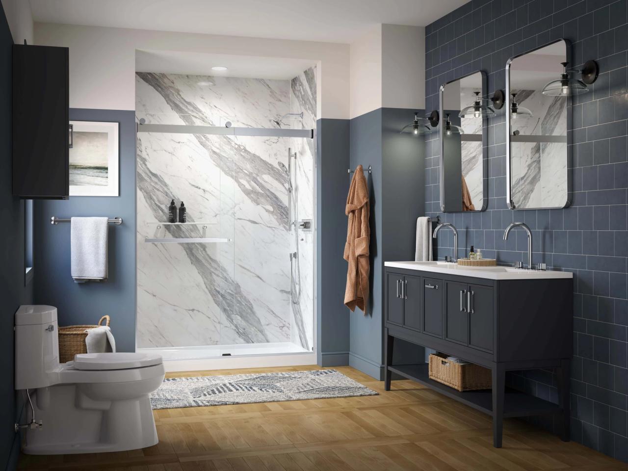 Modern KOHLER bathroom with LuxStone marble-pattern shower