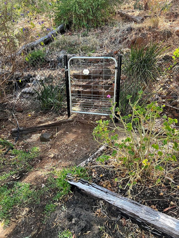 Galvanised farm gate set into rural fencing on a Perth Hills property