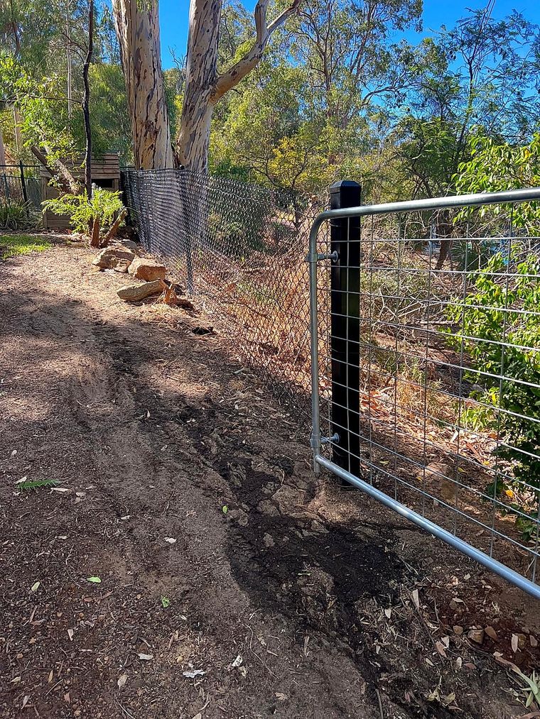 Galvanised wire mesh fence and tubular farm gate set among natural bushland on a Perth Hills property