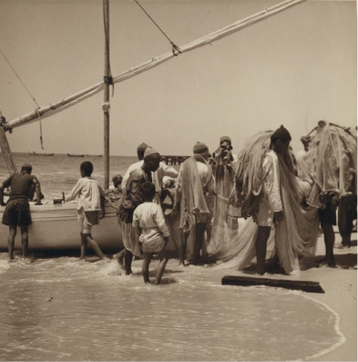 Unloading a great fishnet. Gaza, 1937.