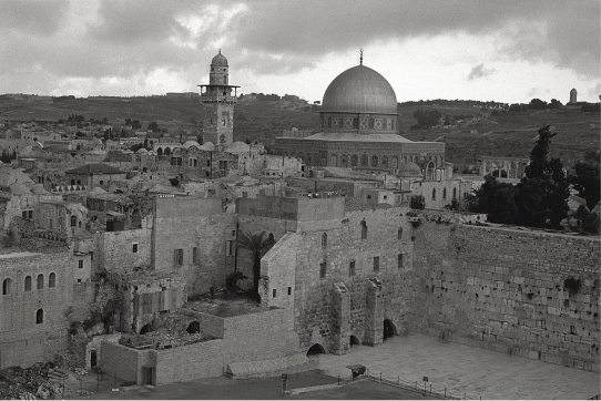 The Dome of the Rock and nearby the Wailing Wall in the Old City in Jerusalem at sunset, 1969