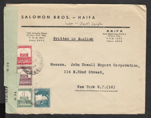 Mail from Haifa to New York, 1920s, including Palestinian stamps