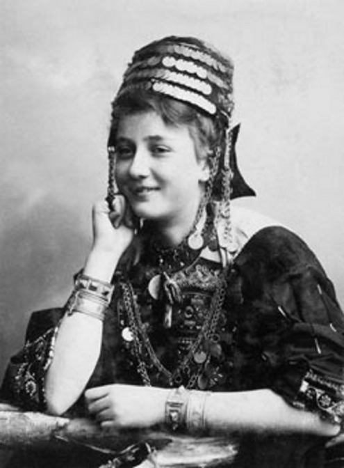 Young woman in the city of Bethlehem before the Nakba in 1948 in traditional Palestinian clothing