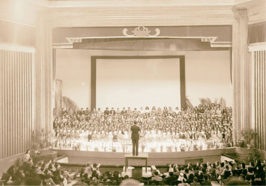 Large choir group in Alhambra, cinema, Jaffa, March 22, 1944