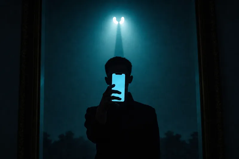 A person in a dark room holds a phone up so that it hides their face, its cold blue glow on their hand, a harsh light above.