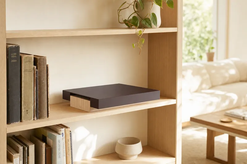 The Vora Aegis on a pale oak bookshelf in a bright calm living room, beside worn books and a trailing plant.