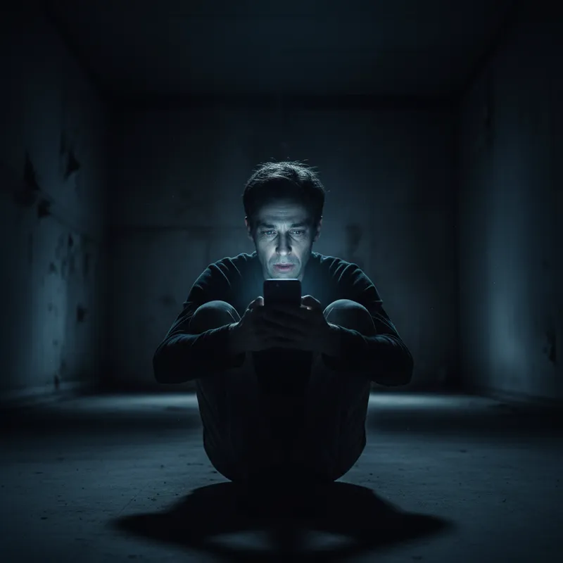 A person sitting alone in an empty room, face lit by phone glow