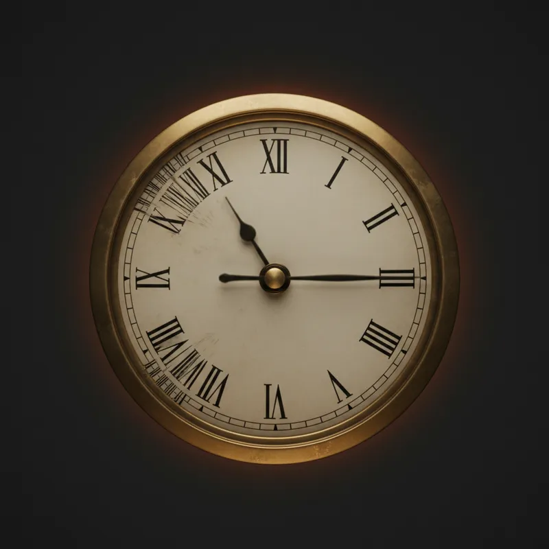 An analog clock face with the hour marks squeezed together, crowding into a narrowing space. The minute hand is a blur. The second hand is gone. The pause has been optimized away.