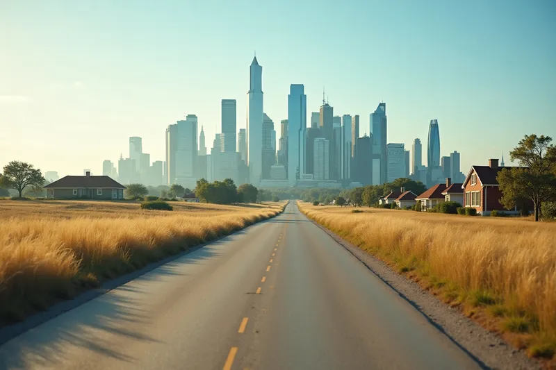 An open road leading away from a distant city skyline toward small warm houses under a bright sky.