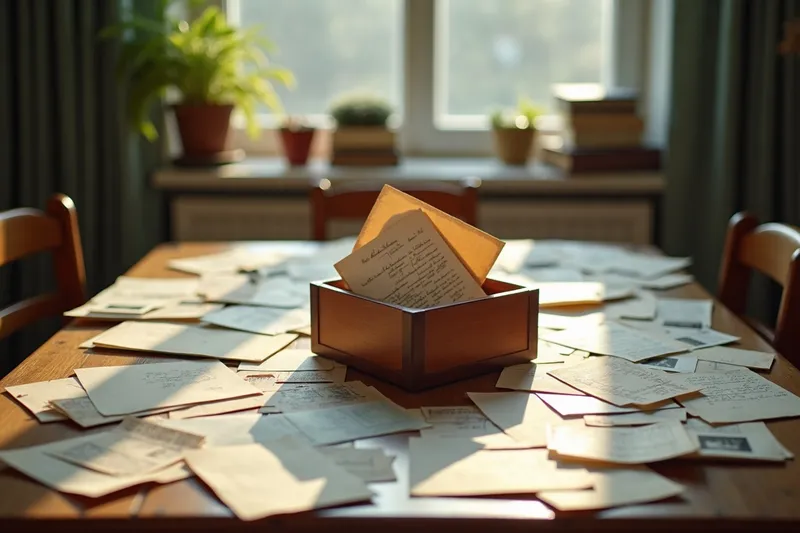 Letters, photographs and receipts on a table being gathered into a single wooden box.