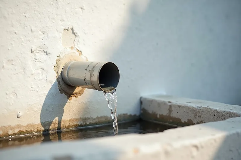 A plain galvanised pipe carrying clear water into a stone trough.