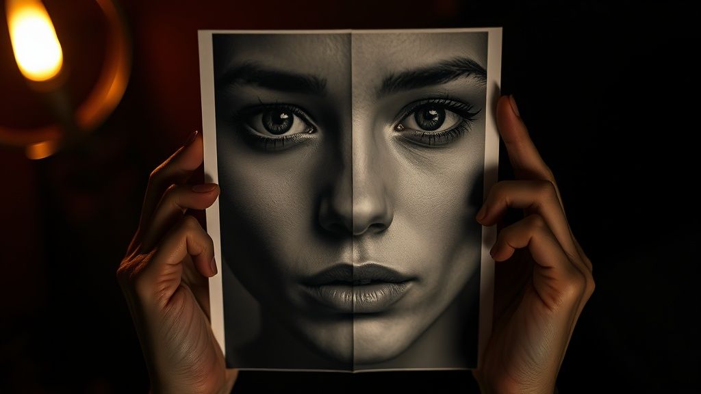 A black-and-white portrait photograph held in two hands. One half of the face is retouched smooth, the other half is natural, and a faint seam divides them. AI edits memory and identity at the level you use to recognize yourself.
