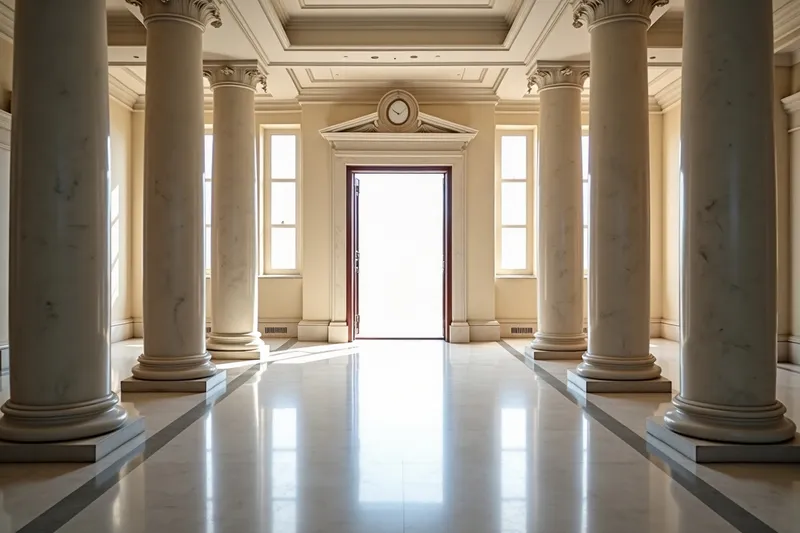 A vast empty marble institutional lobby, deserted, its front doors standing open to daylight.