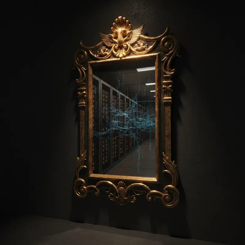 An ornate antique mirror angled away from the viewer, reflecting glowing server racks and orange data streams instead of the dark room it hangs in