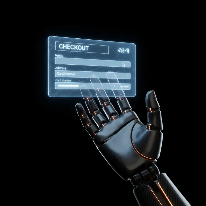 A sleek robotic hand reaching toward a glowing checkout form floating in darkness. The form demands name, address, credit card. The hand has no fingerprints, no identity to offer. The cursor blinks, waiting.