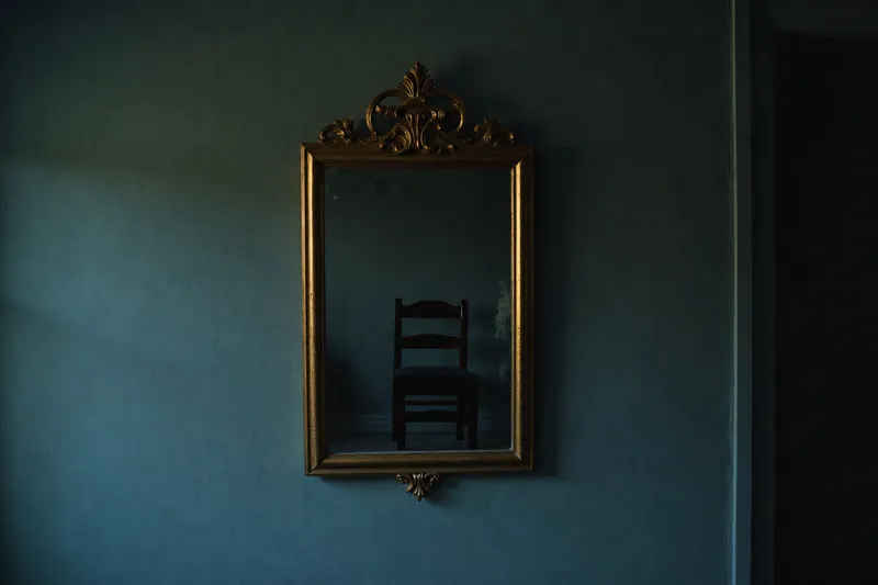 An old mirror on a dark wall, reflecting an empty chair.
