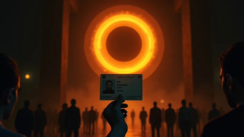 An anonymous hand at the bottom of the frame holds up a faded driver's license toward a vast camera lens that occupies the entire upper half of the composition — the lens rendered like a cold sun, concentric rings of glowing amber around a deep dark pupil. The license photo is blank, the text faded. Below the hand, silhouettes of agents waiting in a queue stretching to a dark horizon, each holding nothing.
