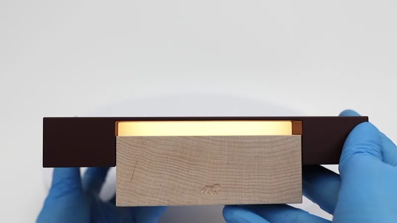 A warm concealed light the color of a candle, and the honey badger pressed into the wood.