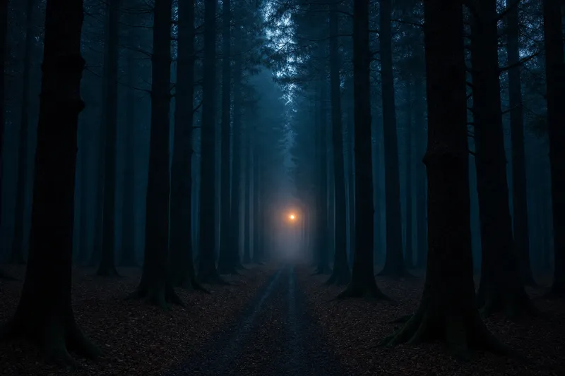A path running into a dark forest at night, one warm light far down it.