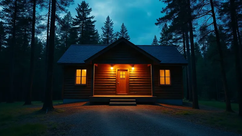A cabin in a dark forest, its windows lit warm.