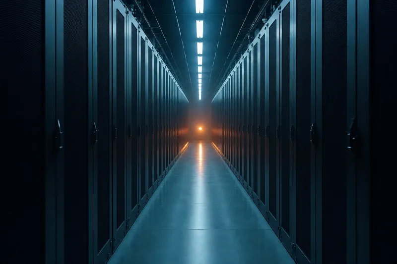 A long corridor of server racks in cold blue light, one warm light at the far end.