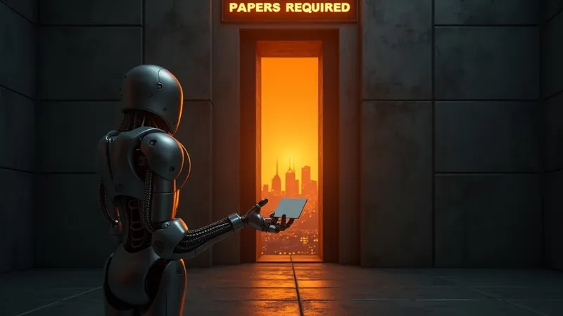 A smooth featureless robotic hand extends a blank white card toward a tall glowing window in a brutalist concrete wall. Above the window, signage glows in orange: PAPERS REQUIRED. Through the window, a vast luminous network beyond — the internet rendered as a country of warm light. The card is blank: no photo, no number, no name.