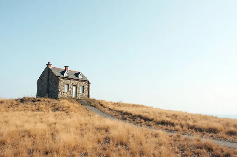 A single shuttered stone house alone on a bare windswept hill, no path leading to it.