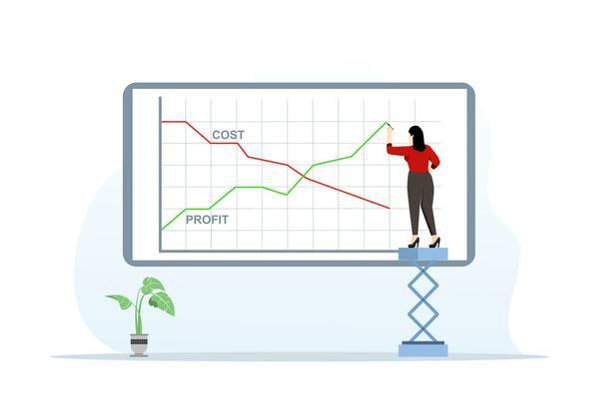 Concept of businesswoman taking profit and cost reduction graph growth and decline in company profits diagram of increase and decrease in profits company performance indicators illustration vector