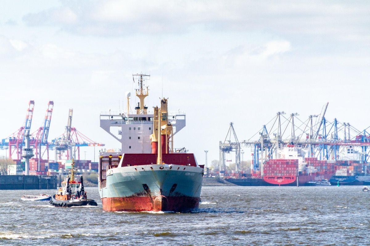 Container ship at the Port of Hamburg, Germany.