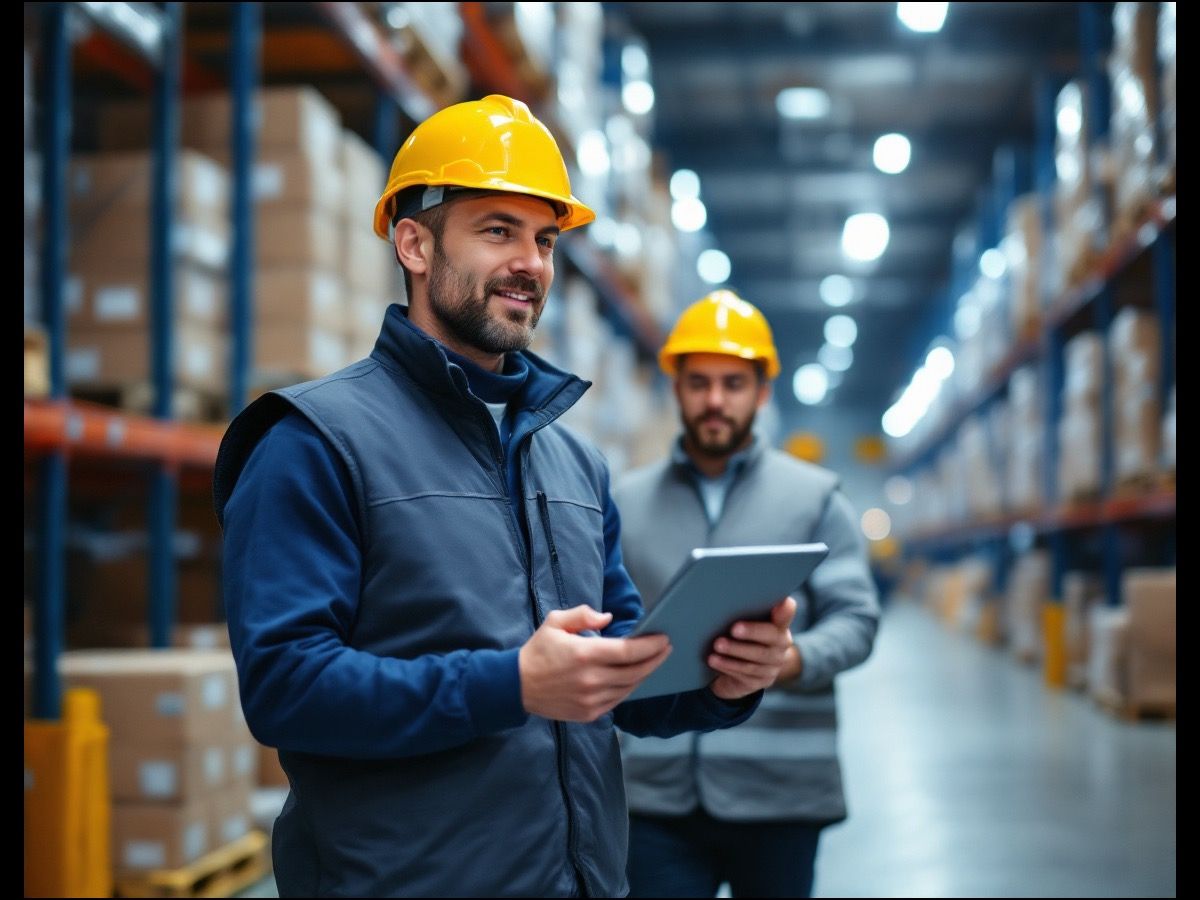 Warehouse operations specialists reviewing processes on a distribution center floor
