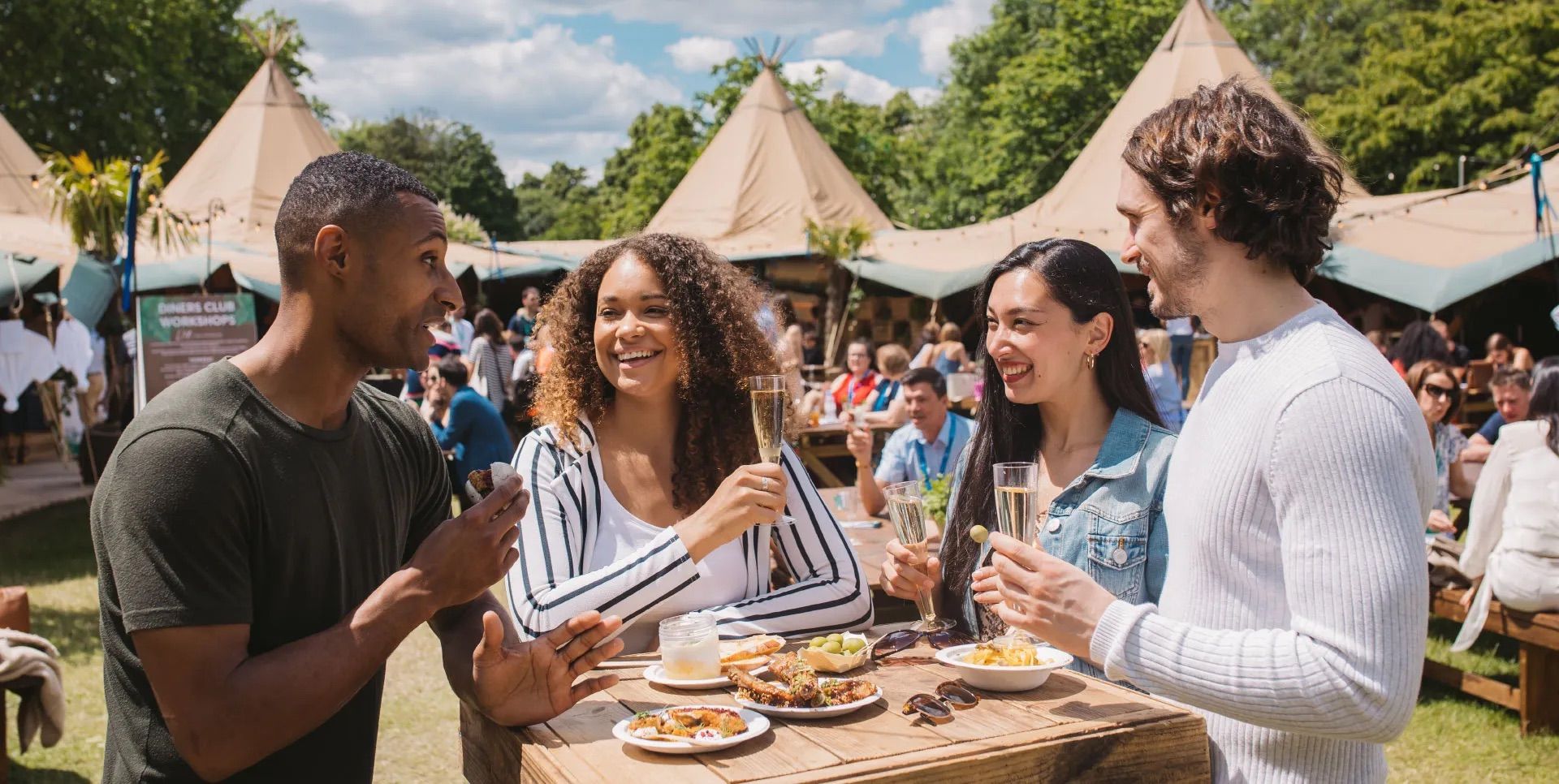 Festival food hall stalls at dusk