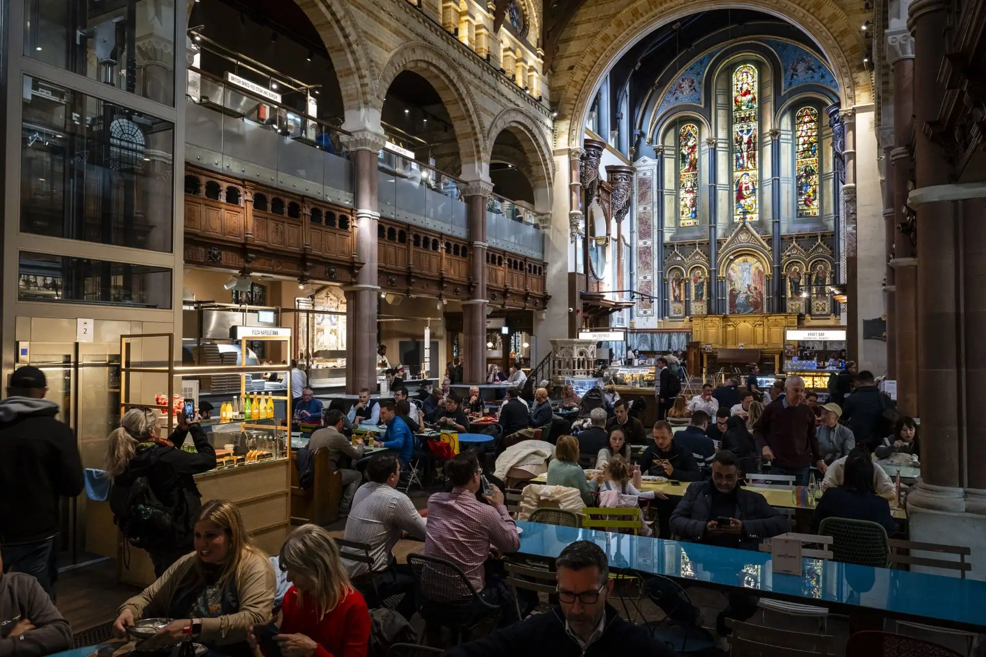 Multi-vendor food hall with heritage brick arches