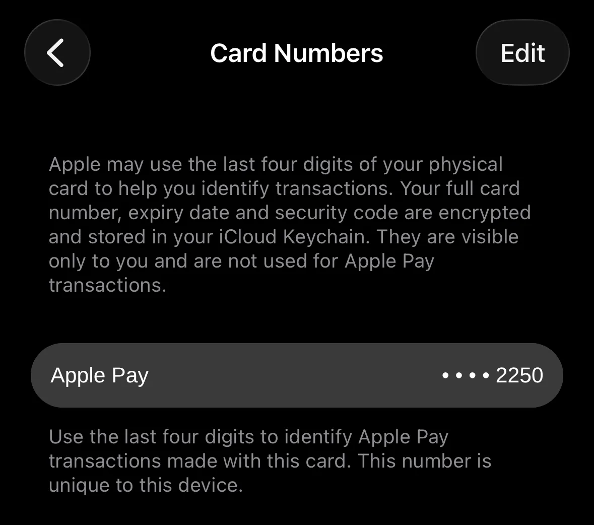 Card details showing Apple Pay Number