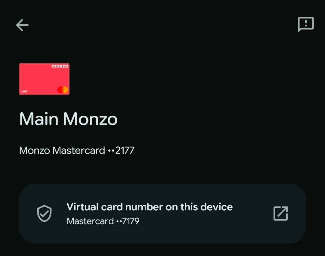 Google Wallet card details showing Virtual Card Number