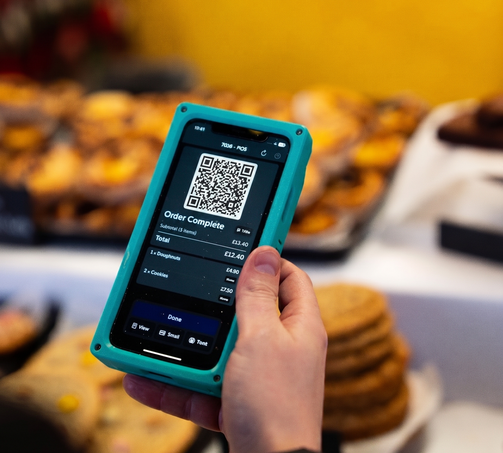 Dines POS showing order complete screen with QR code