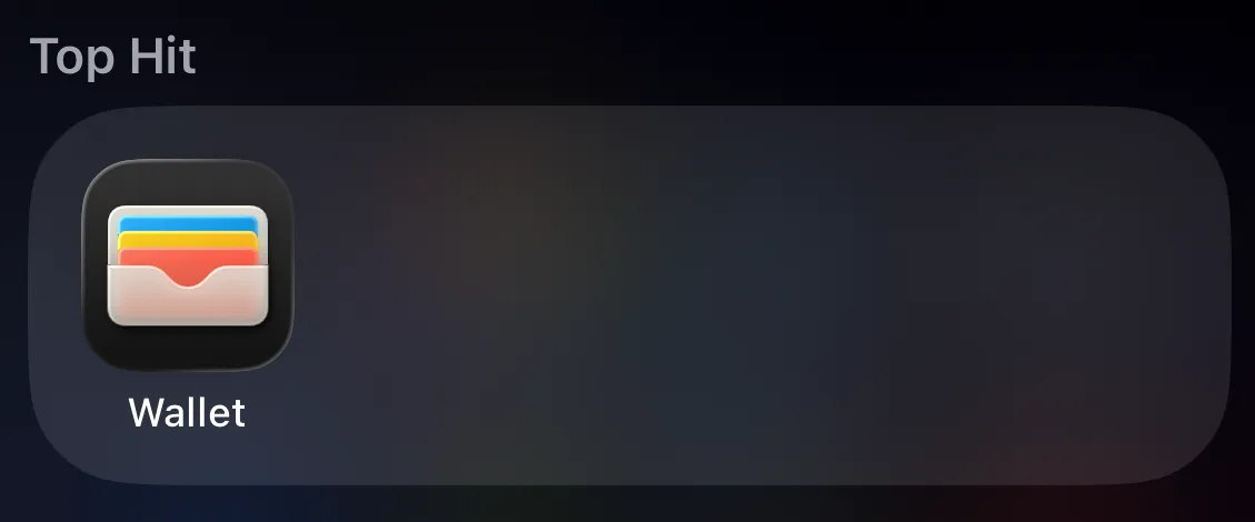 iPhone search showing Wallet app