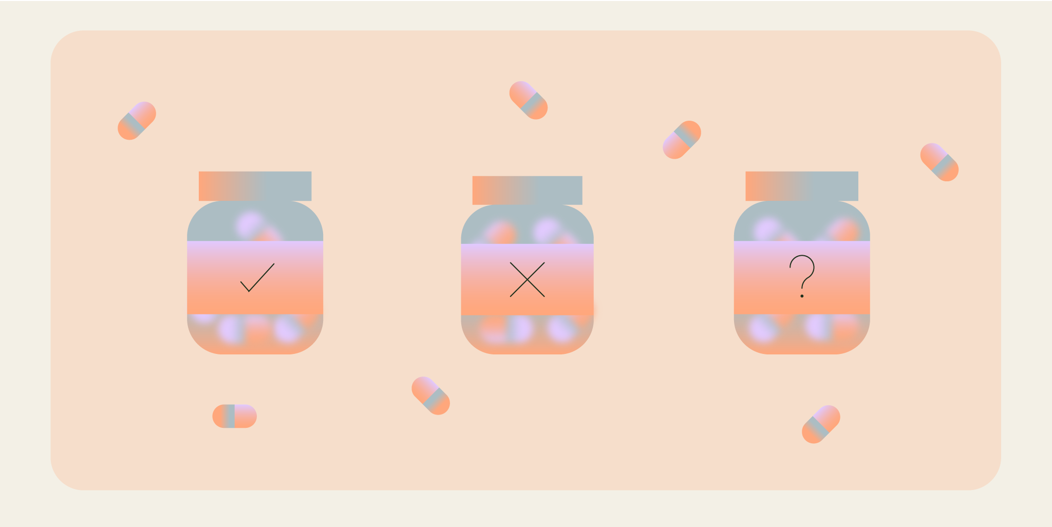 Illustration of different medicines marked as approved, not recommended, or uncertain in relation to Mounjaro use.