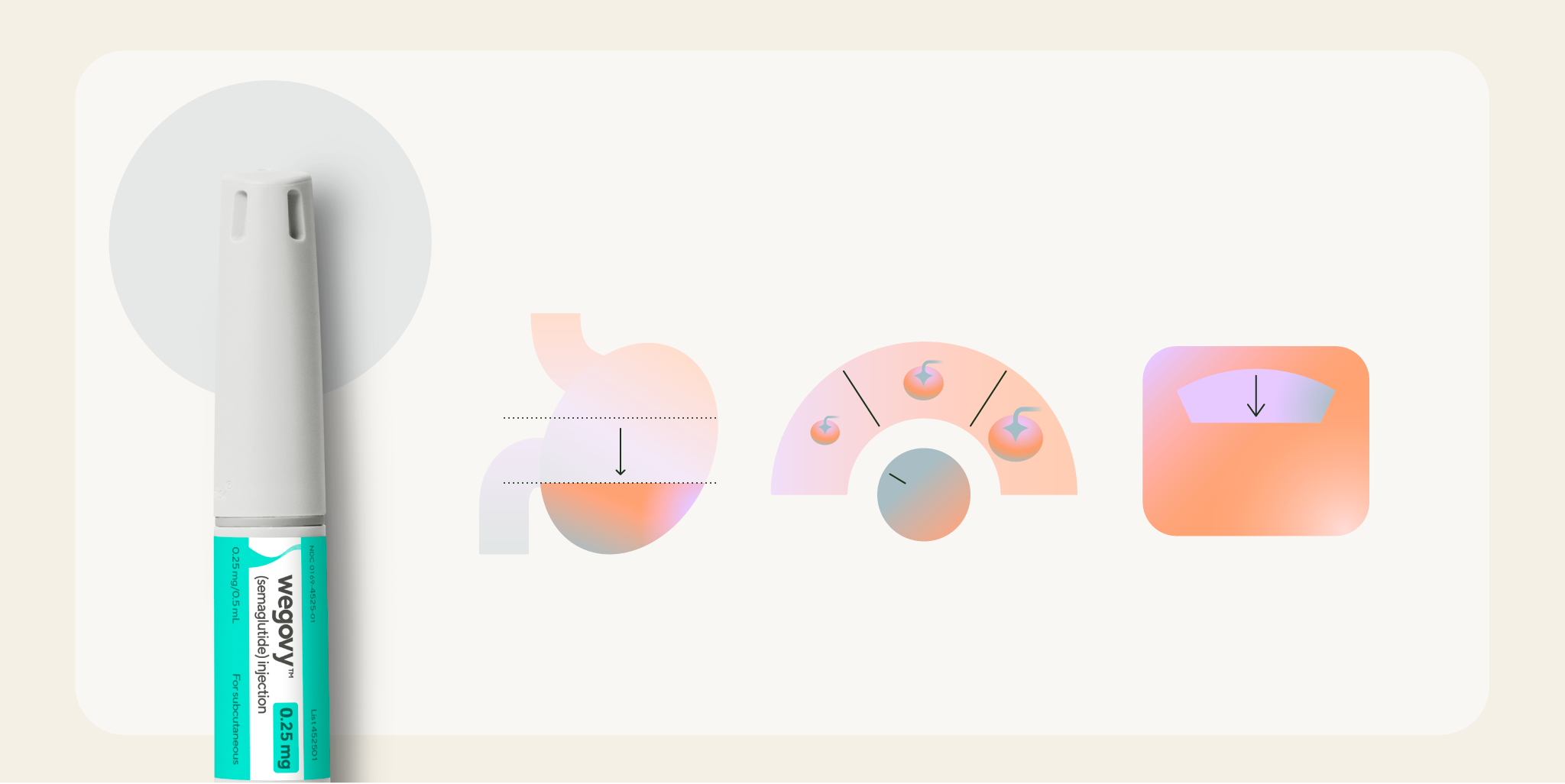 Illustration showing how Wegovy works, including reduced appetite, less food noise, and gradual weight loss shown on the scales.