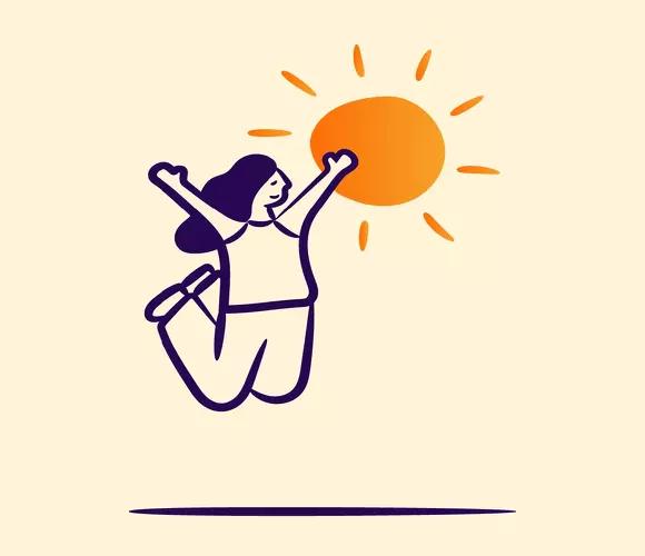 Illustration of a person joyfully jumping towards the sun, symbolising benefits of semaglutide.