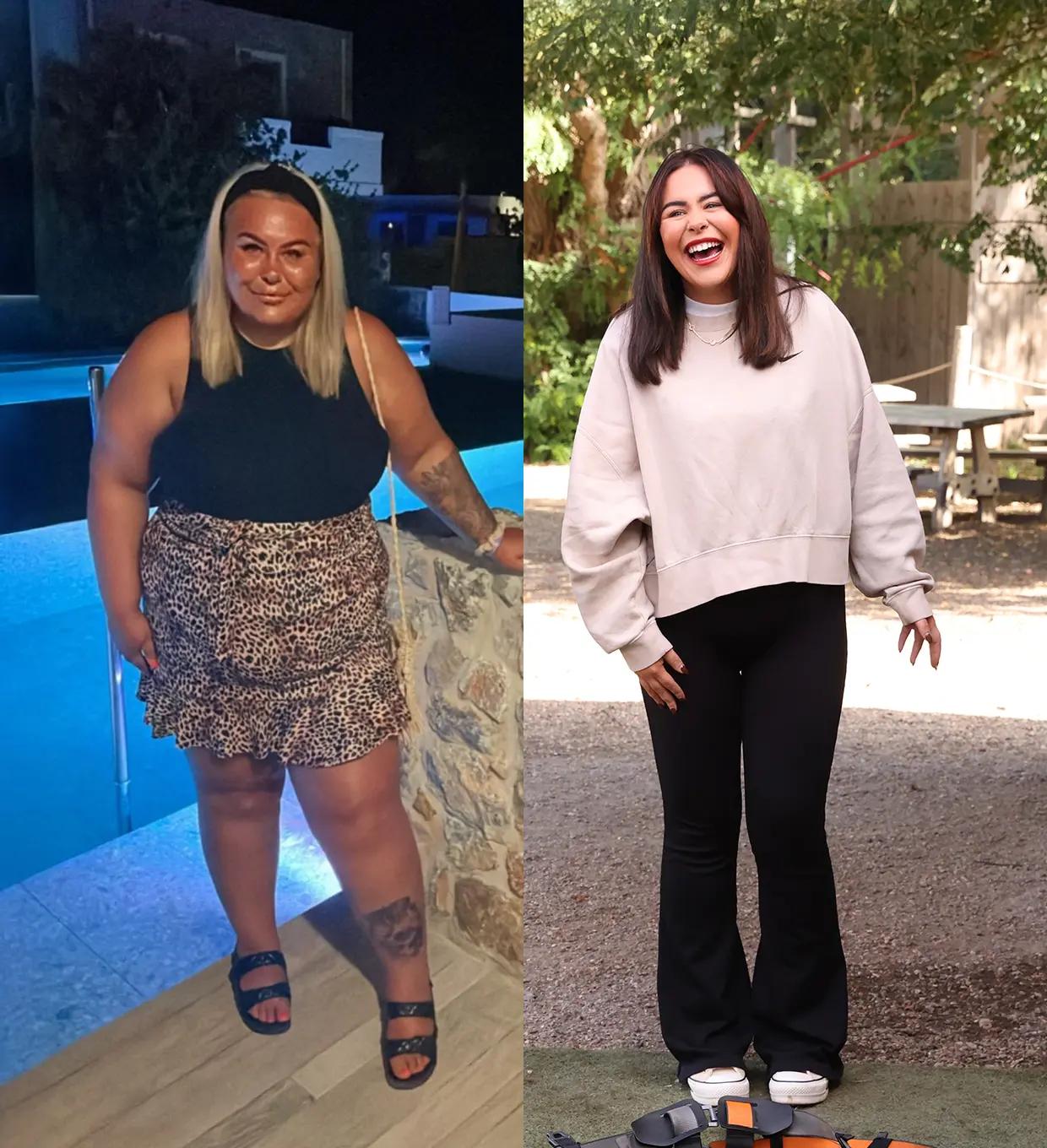 Side-by-side (before and after Mounjaro) image of Kelsey, who lost 48kg with Mounjaro and Voy.